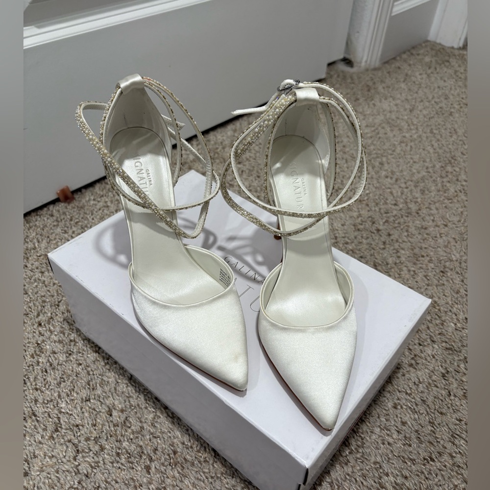 Pointed toe white embellished heels